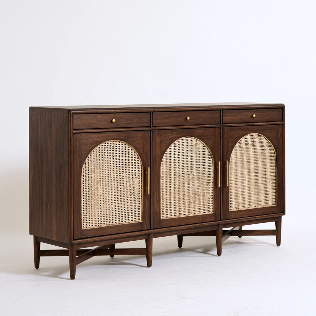 Buffet de rangement en bois finition noyer à trois portes, coloris brun foncé - marblegardenbench