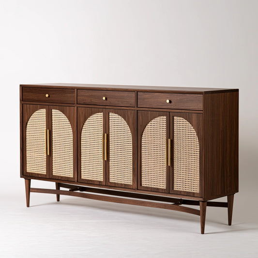 Buffet de rangement en bois finition noyer à trois portes, coloris brun foncé - marblegardenbench